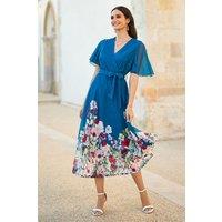 Yumi Women's Teal Mesh Wrap Midi Dress With Floral Hem Border | Size: 8