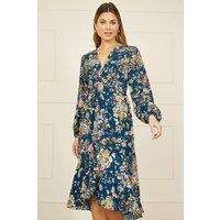 Yumi Women's Blue Butterly Floral Tie Knot Front Long Sleeve Midi Dress in Navy | Size: 10