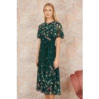 Yumi Women's Green Daisy Mirror Placement Skater Dress With Angel Sleeves | Size: 10