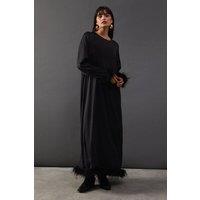 Premium Satin Feather Trim Button Back Midi Dress