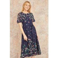 Yumi Women's Navy Daisy Mirror Placement Skater Dress With Angel Sleeves | Size: 8