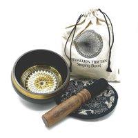 KDMD Hand Beaten & Engraved Singing Bowl Gift Set - 14cm - Round Medallions in Gold