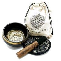 KDMD Hand Beaten & Engraved Singing Bowl Gift Set - 14cm - Flower of Life in Gold