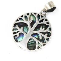 KDMD Women's Tree of Life Silver Pendant 22mm - Abalone in Green