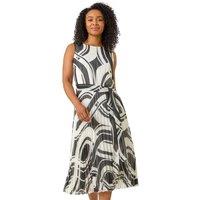 Roman Women's Petite Print Tie Waist Pleated Dress in White | Size: 14