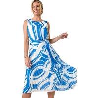 Roman Women's Petite Print Tie Waist Pleated Dress in Navy | Size: 14