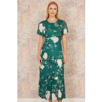 Yumi Women's Green Mesh Bird & Floral Print Midi Dress With Ruffles | Size: 10