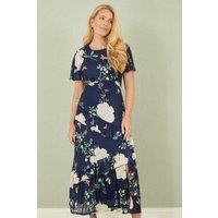 Yumi Women's Navy Mesh Bird & Floral Print Midi Dress With Ruffles | Size: 12