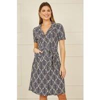 Yumi Women's Navy Leaf Print Retro Shirt Dress | Size: 16