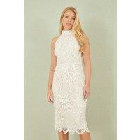 Yumi Women's Ivory Lace Halter Neck Dress | Size: 12