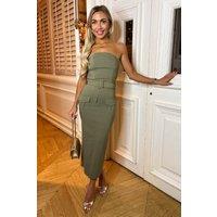 Khaki Stretch Cotton Strapless Belted Bodycon Midi Dress