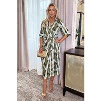 AX Paris Women's Khaki Brush Stroke Print 3/4 Sleeve Tie Waist Wrap Shirt Midi Dress | Size: 8