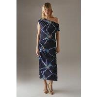 Warehouse Women's Crinkle Satin Fallen Shoulder Knot Side Midi Dress in Navy | Size: 12