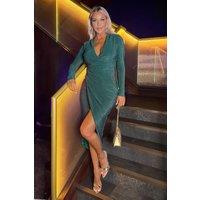 AX Paris Women's Teal Sparkle Long Sleeve Draped Waist Wrap Midi Dress | Size: 10
