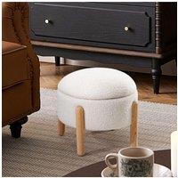 Beige Upholstered Round Storage Ottoman Foot Rest