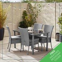 FurnitureboxUK Bali Grey Rattan Garden Dining Table & Chairs for Outdoor Patio, 4 Seater with Cushions & Glass Top Table