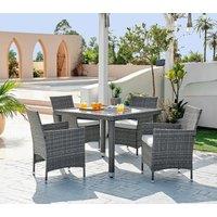 FurnitureboxUK Barbados Rattan Outdoor Garden Dining Set, PE Rattan & Cushions, 4 Chairs 1 Square Glass Top Outdoor Table in Grey
