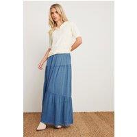 PixieGirl Women's Petite Asymmetric Tiered Maxi Skirt in Blue | Size: 12