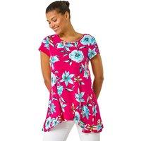 Roman Women's Floral Print Hanky Hem Stretch Tunic Top in Fuchsia | Size: 12