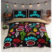 Rapport Home Be Happy Neon Polycotton Duvet Cover Set & Pillowcase in Black | Size: Double