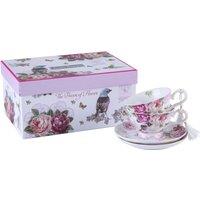 London Boutique Coffee Tea Cup & Saucer Set 2 Shabby Chic Vintage Flora Porcelain Set Gift Box Pink Bird Rose
