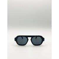 SVNX Retro Ribbed Navigator Sunglasses in Black