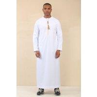 Thobez Men's Thobe Emirati Omani Jubba Islamic Clothing Muslim Kaftan Eid Robe Arab Gold Tassel Embroidery in White | Size: 54R
