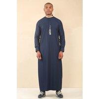 Thobez Men's Thobe Jubba Nehru Round Collar Islamic Clothing Muslim Kaftan Embroidery Eid Robe Saudi in Navy | Size: 60R
