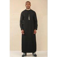 Thobez Men's Thobe Jubba Nehru Round Collar Islamic Clothing Muslim Kaftan Embroidery Eid Robe Saudi in Black | Size: 54R