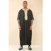 Thobez Men's Moroccan Thobe Gandoura Short Sleeve Jubba Islamic Clothing Kaftan Eid Robe Arab Embroidery in Gold | Size: 60R