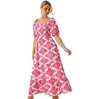 Roman Women's Petite Cotton Embroidered Shirred Maxi Dress in Coral | Size: 14