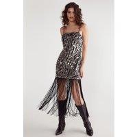 Zebra Hand Embellished Disc Sequin Tassel Mini Dress