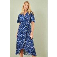 Yumi Women's Blue Floral Wrap Dress With Frill Hem | Size: 12