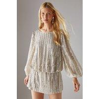 Hen Hand Embellished Sequin Slash Neck Blouson Mini Dress