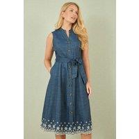Blue Chambray Cotton Midi Embroidered Shirt Dress