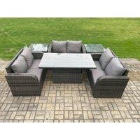 Fimous Rattan Garden Outdoor Furniture 3 PC Love Sofa Set Patio Adjustable Rising lifting Dining Table With 2 Side Tables in Dark Grey