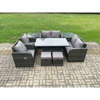 Fimous Wicker PE Rattan Furniture Garden Dining Set Outdoor Height Adjustable Rising lifting Table Love Sofa Chair in Dark Grey