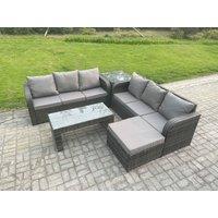 Fimous Outdoor Lounge Sofa Set Rattan Garden Furniture Set with Rectangular Coffee Table Big Footstool 3 Seater Sofa in Dark Grey