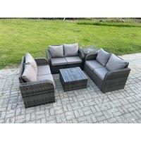 Fimous Outdoor Garden Furniture Sets 6 Seater Wicker Rattan Furniture Sofa Sets with Square Coffee Table Love seat Sofa 2 Small Footstools