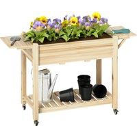 OUTSUNNY Wooden Raised Planter with Lockable Wheels, Liner, Natural