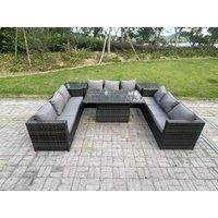 U Shape Rattan Sofa Set Adjustable Rising Dining Table With 2 Side Coffee Table