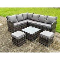 Fimous High Back Rattan Corner Sofa Set Outdoor Furniture Square Coffee Table 2 Small Footstools 8 Seater in Dark Grey