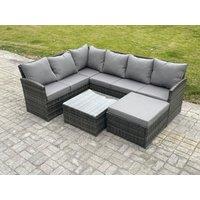Fimous 7 Seater Outdoor Garden Furniture Set Wicker PE Rattan Corner Sofa Set with Square Coffee Table Big Footstool Dark Grey Mixed