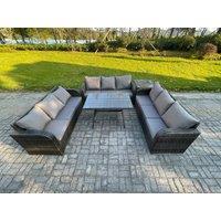 Fimous 9 Seater Wicker Rattan Garden Furniture Set with Rectangular Dining Table Side Table Patio Outdoor Lounge Sofa Set in Dark Grey