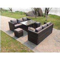 Fimous 8 Seater Lounge Rattan Sofa Set Dining Table Stools Outdoor Garden Furniture in Dark Grey