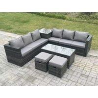 Fimous 8 Seater Rattan Corner Sofa Set With Square Side Table & Oblong Rectangular Coffee Tea Table 2 Stools in Dark Grey