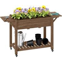 OUTSUNNY Wooden Raised Planter with Lockable Wheels, Liner, Carbonised in Natural