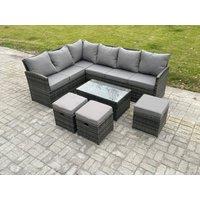 Fimous Rattan Lounge Corner Sofa Set Wicker PE Outdoor Garden Furniture Set with Rectangular Coffee Table 3 Small Footstools in Dark Grey