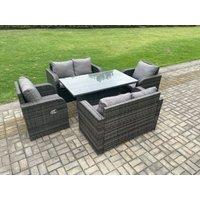 Fimous Rattan Furniture Outdoor Garden Dining Set Patio Height Adjustable Rising lifting Table Love Sofa Chair Set in Dark Grey