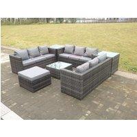 Fimous 10 Seater U Shape Rattan Sofa Set Outdoor Garden Furniture Patio With 3 Table in Dark Grey